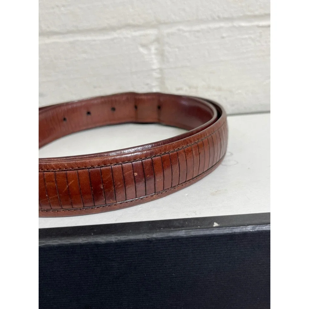 Mezlan Brown Ribbed Leather‎ Dress Belt Silver Buckle Men's 42 Made In Spain